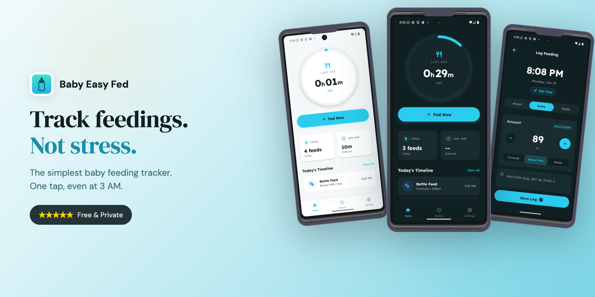 Baby Easy Fed app showing dark and light mode